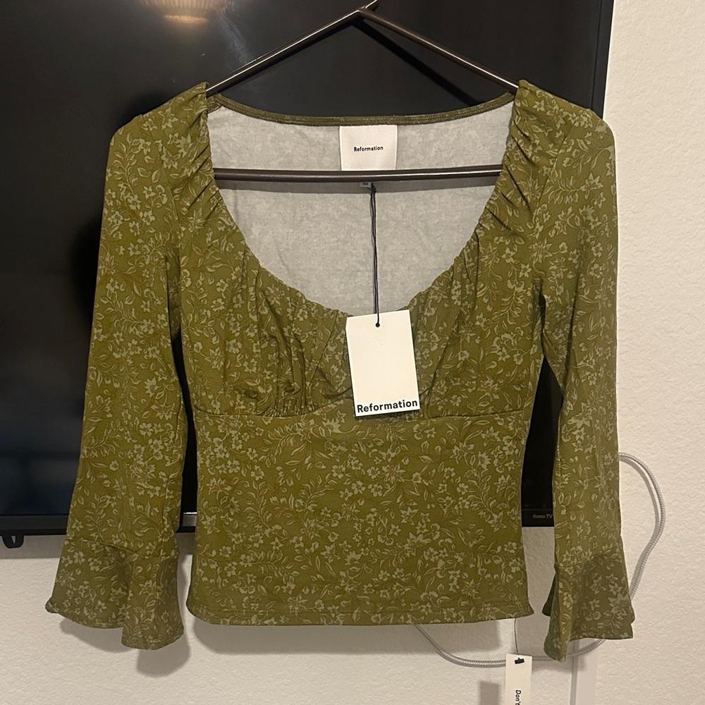 Reformation Sage Green Floral Blouse